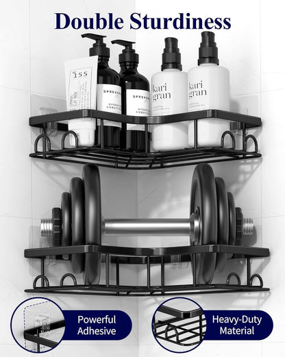 Kitsure Corner Shower Caddy - 2 Pack Rustproof Shower Organizer, Durable Shower Shelf with Large Capacity, Drill-Free Adhesive Bathroom Shelves with 4 Movable Hooks, 11.0 x 21.5 x 4.5cm, Black - PuriLite