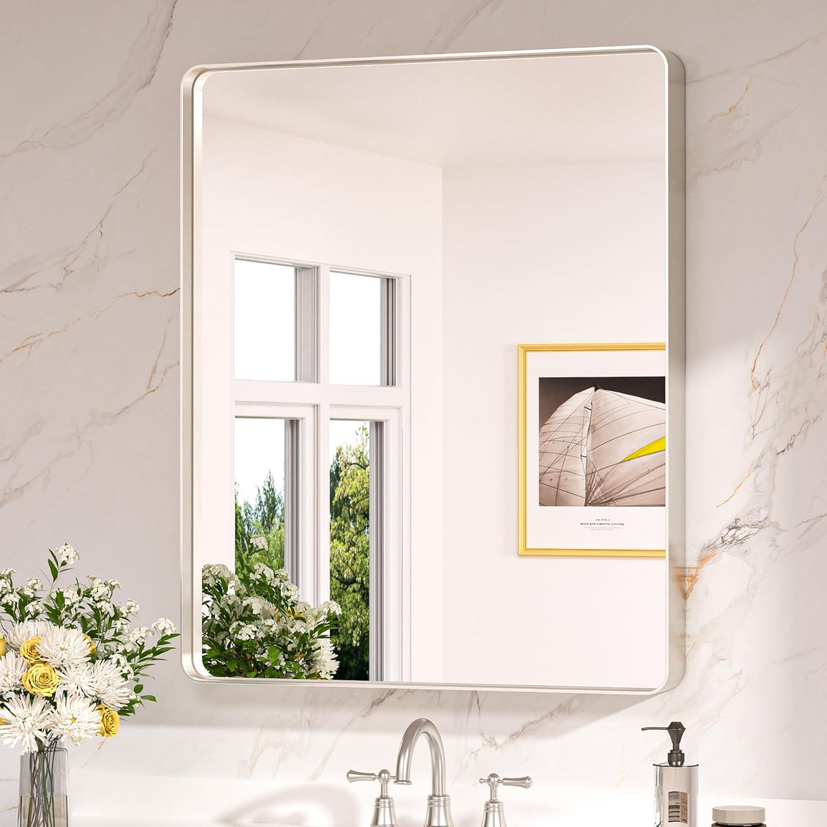 Keonjinn 42 x 36 Brushed Nickel Bathroom Vanity Mirror, Large Rounded Rectangle Bathroom Mirrors for over Sink, Metal Framed Silver Mirror for Wall, Shatterproof HD Tempered Glass(Horizontal/Vertical) - PuriLite