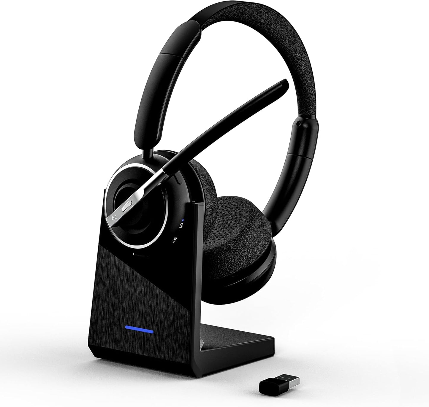 (Upgraded Version) PrancyBt Wireless Headset, Bluetooth Headset with AI Noise Cancelling Mic, Bluetooth V5.2 Headphones with USB Dongle, Charging Base & Mic Mute for PC/Cell Phones/Call Center - PuriLite