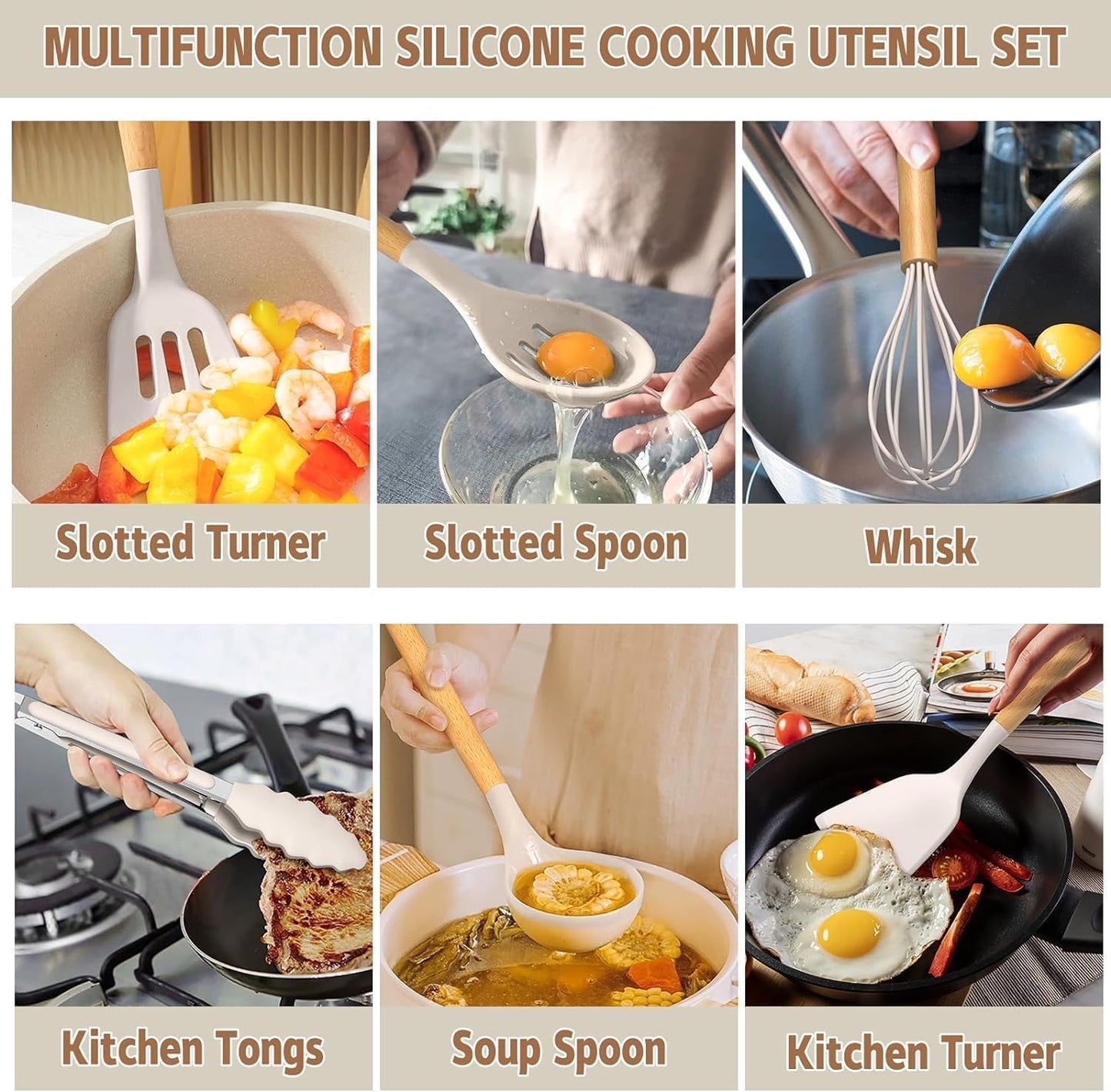 Umite Chef Kitchen Cooking Utensils Set, 33 pcs Non-Stick Silicone Cooking Kitchen Utensils Spatula Set with Holder, Wooden Handle Silicone Kitchen Gadgets Utensil Set (Khaki) - PuriLite