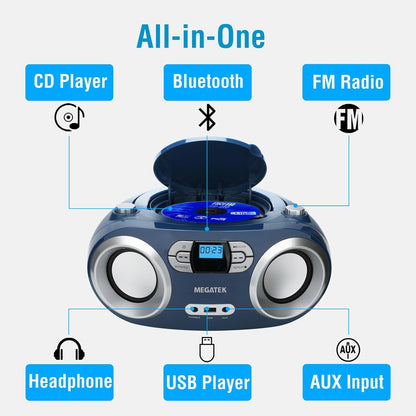 MEGATEK Portable CD Player Boombox with FM Radio, Bluetooth, USB Port, AUX Input, and Headphone Jack – CD-R/CD-RW/MP3-CD Compatible, Clear Stereo Sound, Backlit LCD Display – Black - PuriLite