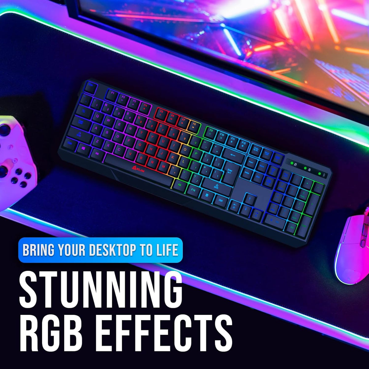 KLIM  Chroma Wireless Gaming Keyboard RGB New - Long-Lasting Rechargeable Battery - Quick and Quiet Typing - Water Resistant Backlit Wireless Keyboard for PC PS5 PS4 Mac - Black - PuriLite