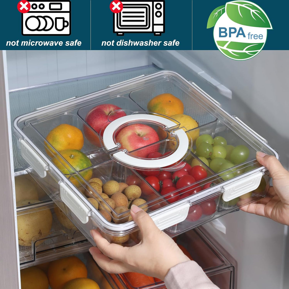 Taiuloo Divided Serving Tray with Lid & Handle, Airtight 6 Compartment Snackle Box Charcuterie Container, Fridge Organizer Bins, Food Storage Container Veggie Tray for Snack, Fruit, Salad, Nut - PuriLite