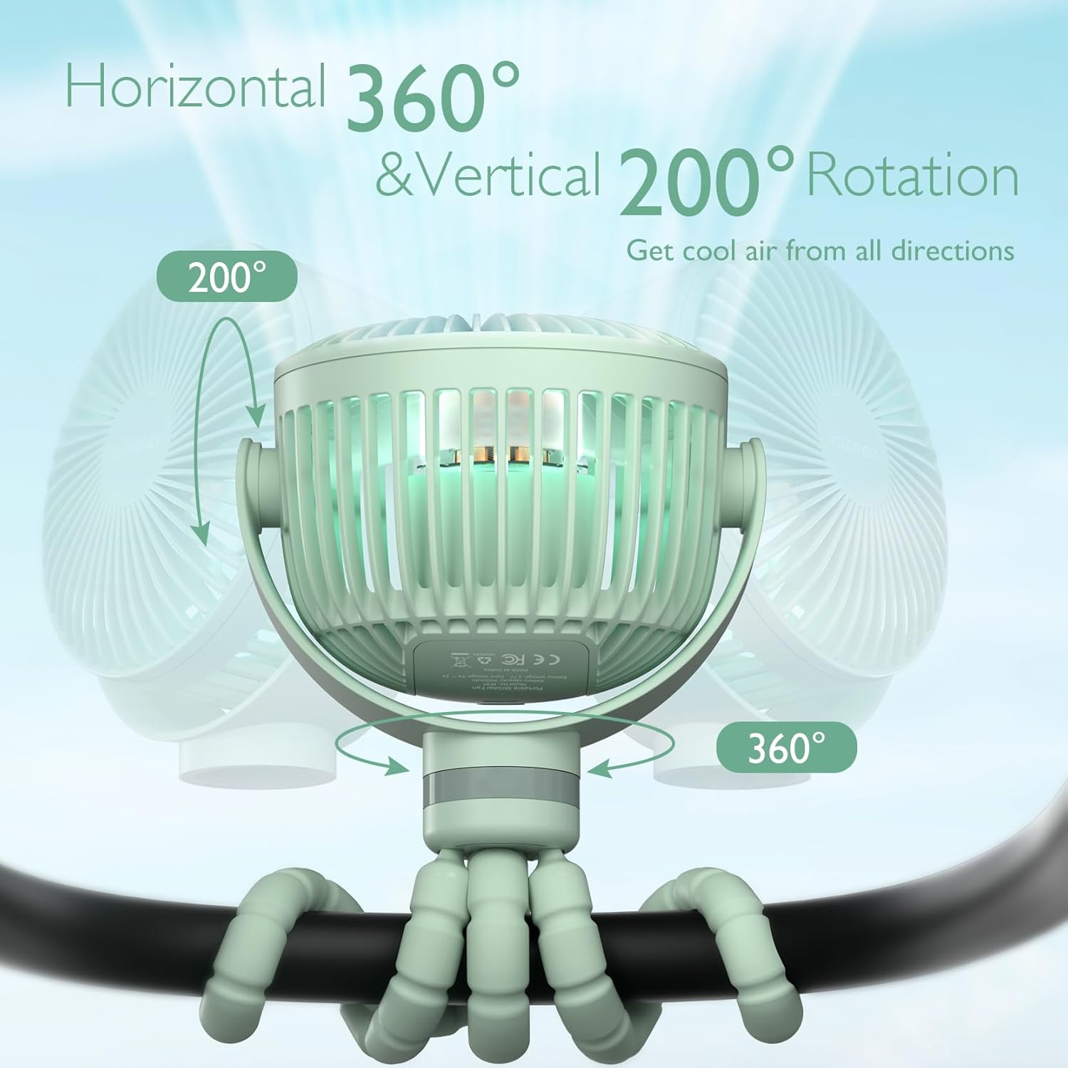 Momcozy Portable Stroller Fan, 27H Ultra-long Battery Life, Detachable 4 Speed 360°Rotate, LED Night Light with 2 Modes, USB Rechargeable and Handheld Cooling Fan for Travel, Car Seat - PuriLite