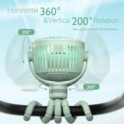 Momcozy Portable Stroller Fan, 27H Ultra-long Battery Life, Detachable 4 Speed 360°Rotate, LED Night Light with 2 Modes, USB Rechargeable and Handheld Cooling Fan for Travel, Car Seat - PuriLite