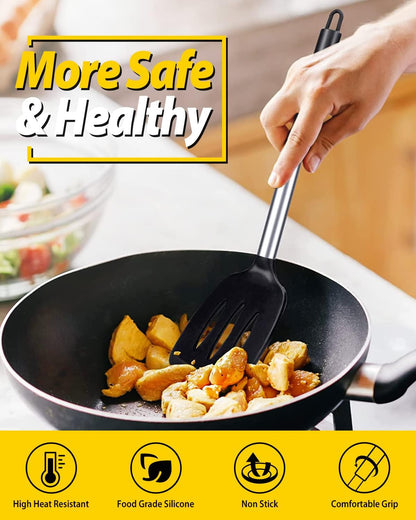 Pack of 2 Silicone Slotted Spatula,Non Stick Solid Kitchen Turner, High Heat Resistant BPA Free Cooking Utensils for Fish, Eggs, Pancakes（Black - PuriLite