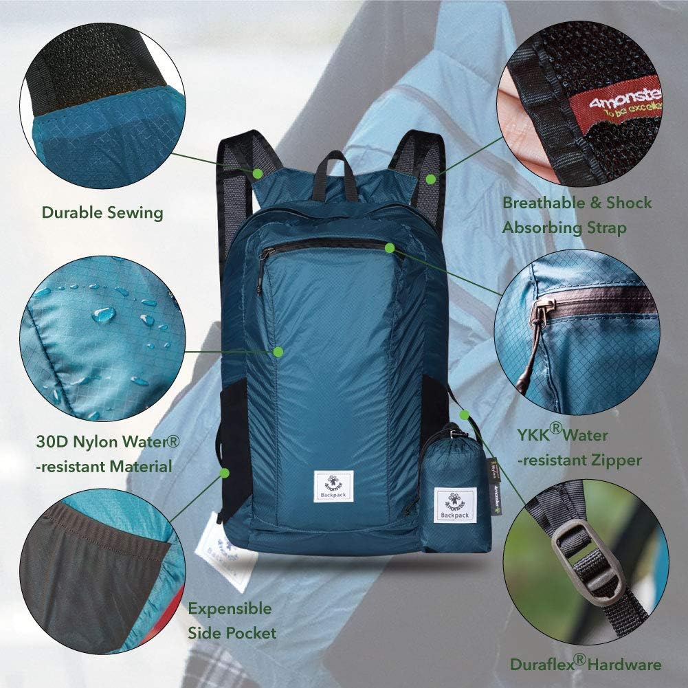 4Monster Hiking Daypack,Water Resistant Lightweight Packable Backpack for Travel Camping Outdoor - PuriLite