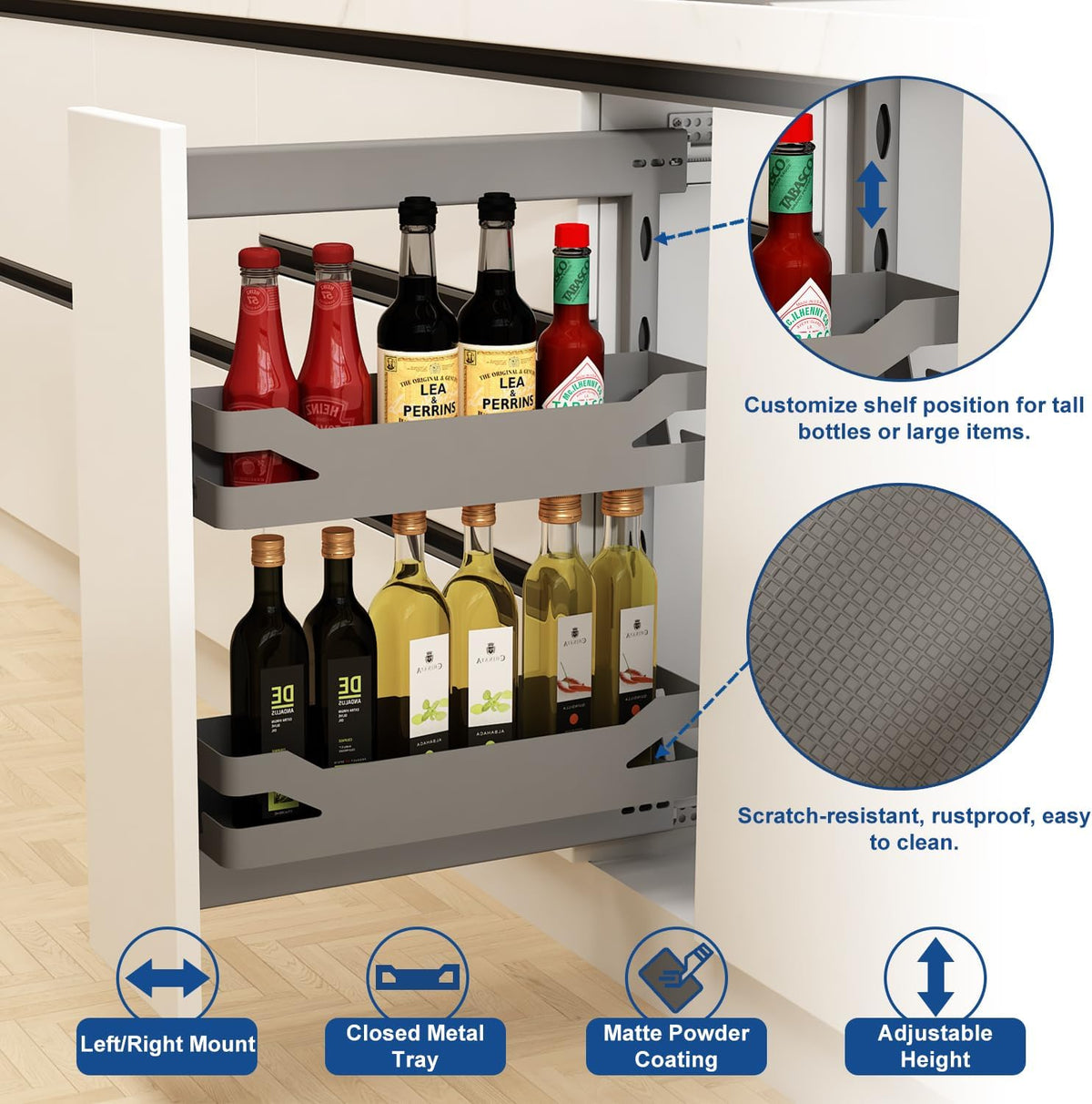 VADANIA Narrow Pull Out Cabinet Organizer, For 8" Cabinets 2-Tier Slim Cabinet Storage for with Solid Metal Trays, Soft Close Full-Extension Slides, Reversible Left or Right Side Mount