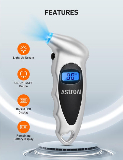 AstroAI Digital Tire Pressure Gauge with Replaceable AAA Batteries, 150 PSI 4 Settings Industrial Tire Gauge for Car Truck Bicycle Backlit LCD Non-Slip Grip Car Accessories(Black) - PuriLite