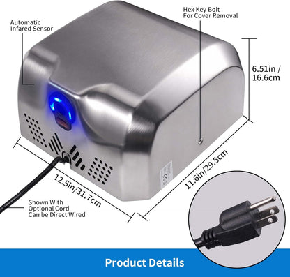 Goetland Stainless Steel Commercial Hand Dryer 1800w Automatic High Speed Heavy Duty Dull Polished - PuriLite