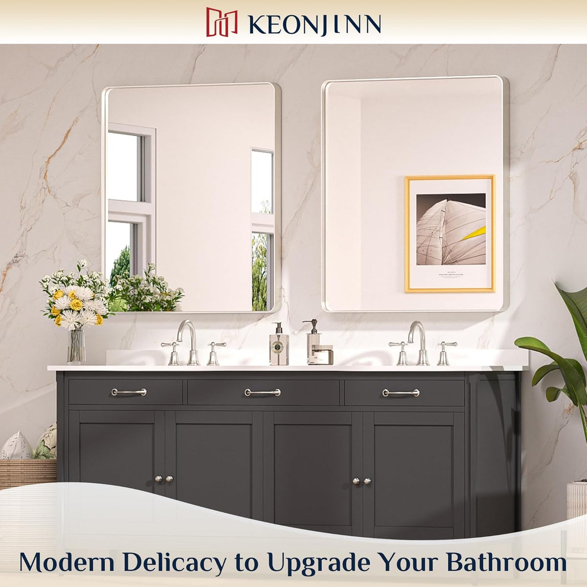 Keonjinn 42 x 36 Brushed Nickel Bathroom Vanity Mirror, Large Rounded Rectangle Bathroom Mirrors for over Sink, Metal Framed Silver Mirror for Wall, Shatterproof HD Tempered Glass(Horizontal/Vertical) - PuriLite