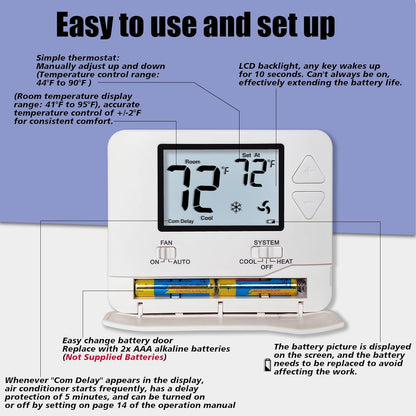 Heagstat Non-Programmable Thermostats for Home Single-Stage 1 Heat/ 1 Cool (with Green Backlight) - PuriLite
