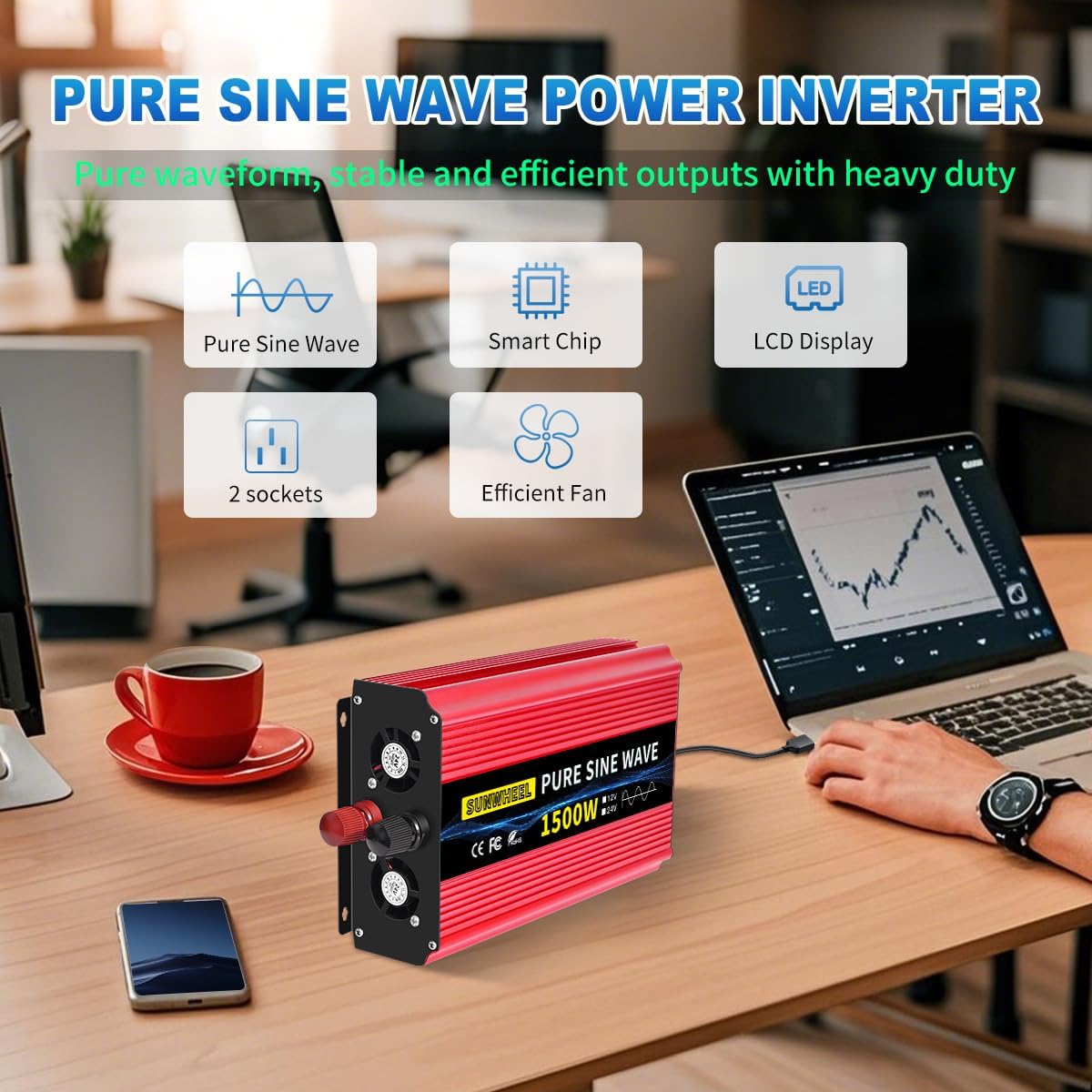 SUNWHEEL 4000W Pure Sine Wave Inverter, 12V DC to 110V/120V AC Power Inverter for RV、Microwave、Off Grid、Truck、Refrigerator、Air Conditioner with 4 AC outlets and LCD Display - PuriLite