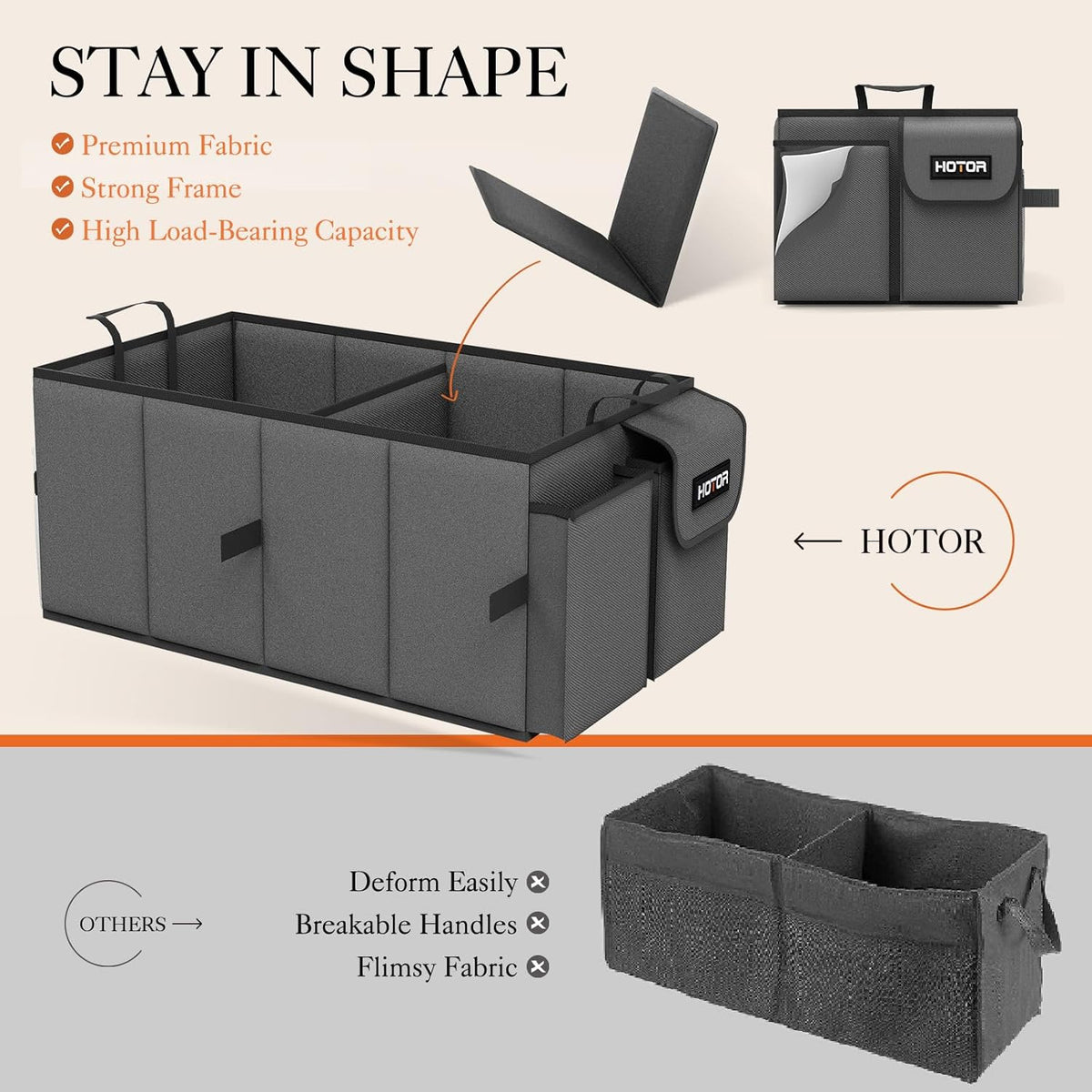 HOTOR Trunk Organizer - Car Organizer, Foldable Trunk organizer for SUVs & Sedans, Car Accessories, Tools, Sundries, 2 Compartments, Black - PuriLite