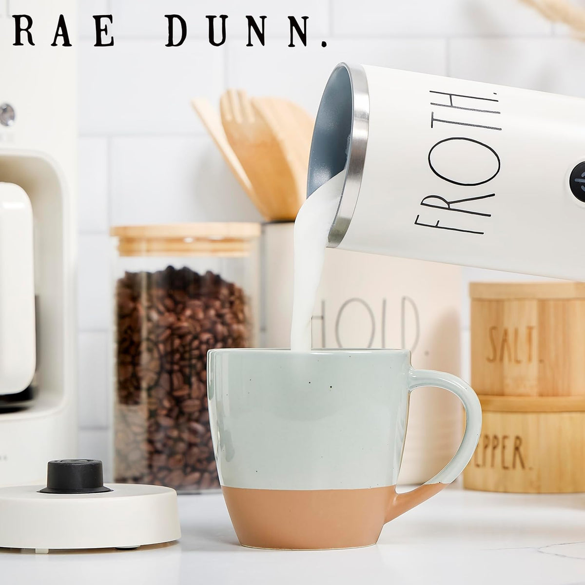 Rae Dunn - Electric Milk Frother - Elegant Automatic Milk Steamer and Frother, Milk Warmer, Hot and Cold Frothing Machine for Coffee, Latte, Cappuccino, Macchiato, - PuriLite