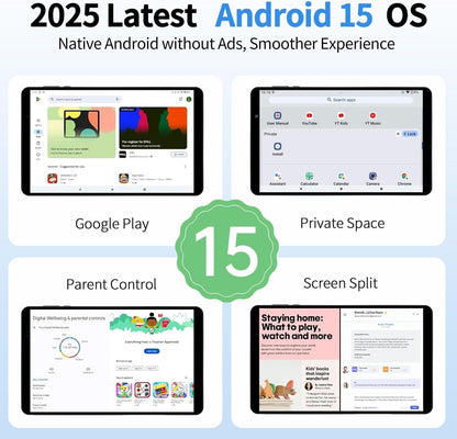 2025 Topsand Android 15 Tablet 8 inch Tablet, Octa-Core Processor, 12GB RAM 64GB ROM 2TB Expandable, 1280 * 800 IPS HD Screen, WiFi6, BT5.4, Widevine L1, 5MP+8MP Dual Camera - PuriLite