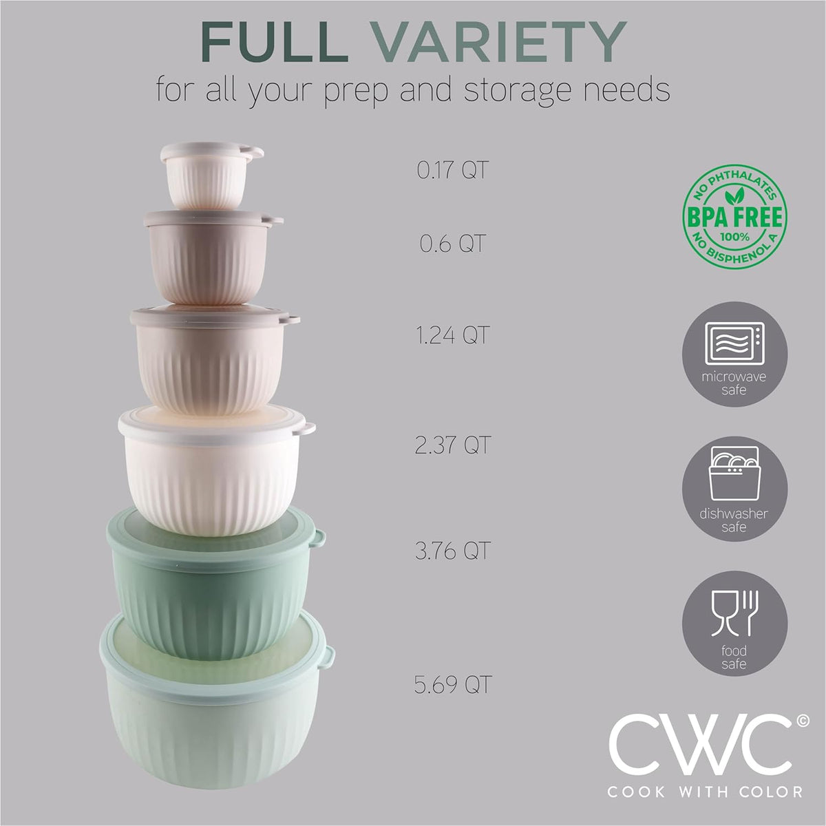 COOK WITH COLOR Prep Bowls with Lids- 8 Piece Nesting Plastic Small Mixing Bowl Set with Lids (Teal Ombre) - PuriLite