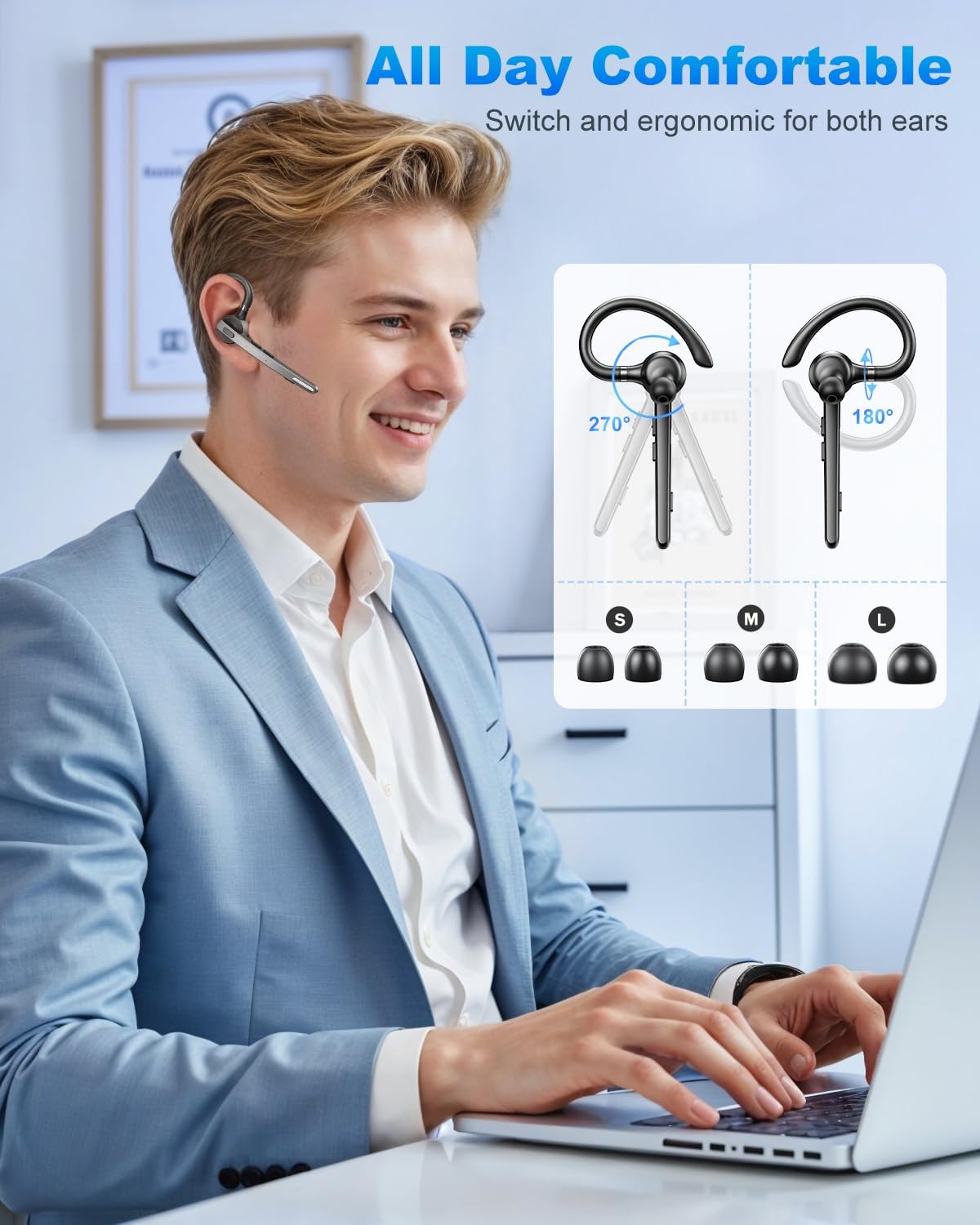 Bluetooth Headset V5.1, Wireless Headset with 500mAh Charging Case ENC Noise Cancelling Microphone, Bluetooth Earpiece 72H Talk Hands-Free Headphones for Cell Phone Office Business Driving (M51) - PuriLite