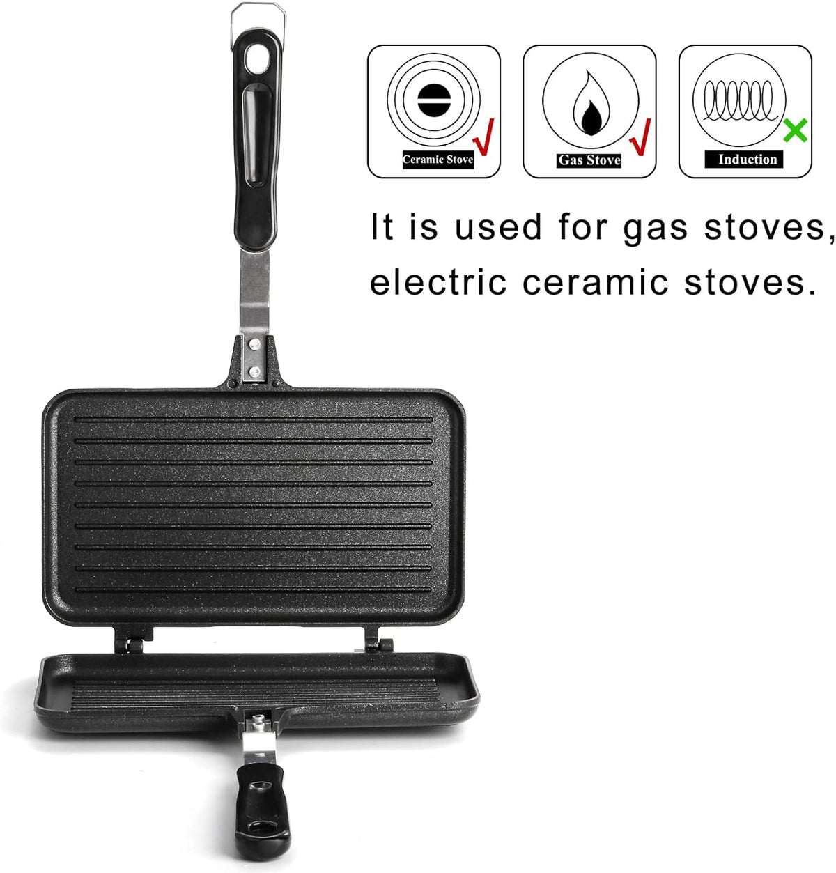 SOUJOY Sandwich Maker, Non-stick Grill Panini Maker Pan with Handle, Stovetop Toasted Aluminum Flip Pan Indoor Outdoor Camping Home Kitchen Breakfast - PuriLite