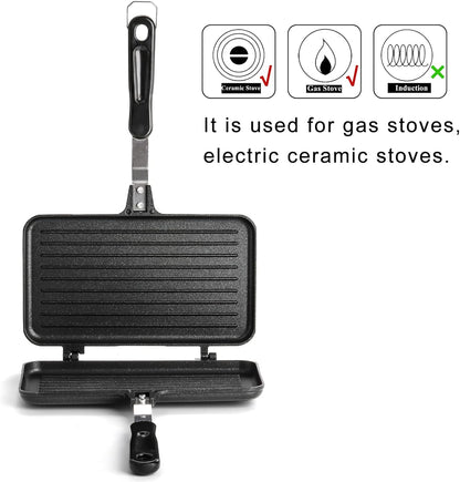 SOUJOY Sandwich Maker, Non-stick Grill Panini Maker Pan with Handle, Stovetop Toasted Aluminum Flip Pan Indoor Outdoor Camping Home Kitchen Breakfast - PuriLite