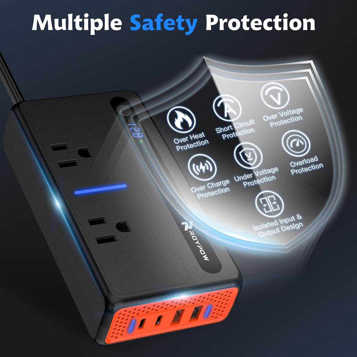 RoyPow 200W Car Power Inverter, DC 12V to 110V AC Power Inverter with Cigarette Lighter Port, Car Plug Adapter Outlet with 3.4A USB-A, QC3.0 24W, PD 30W, PD 36W, Dual AC Outlets, Car Charger Adapter - PuriLite