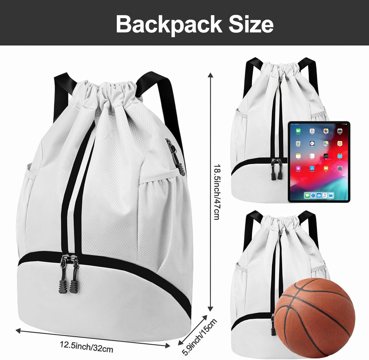 Hoedia Sports Drawstring Backpack - String Swim Gym Bag with Shoes Compartment and Wet Proof Pocket for Women/Men - PuriLite