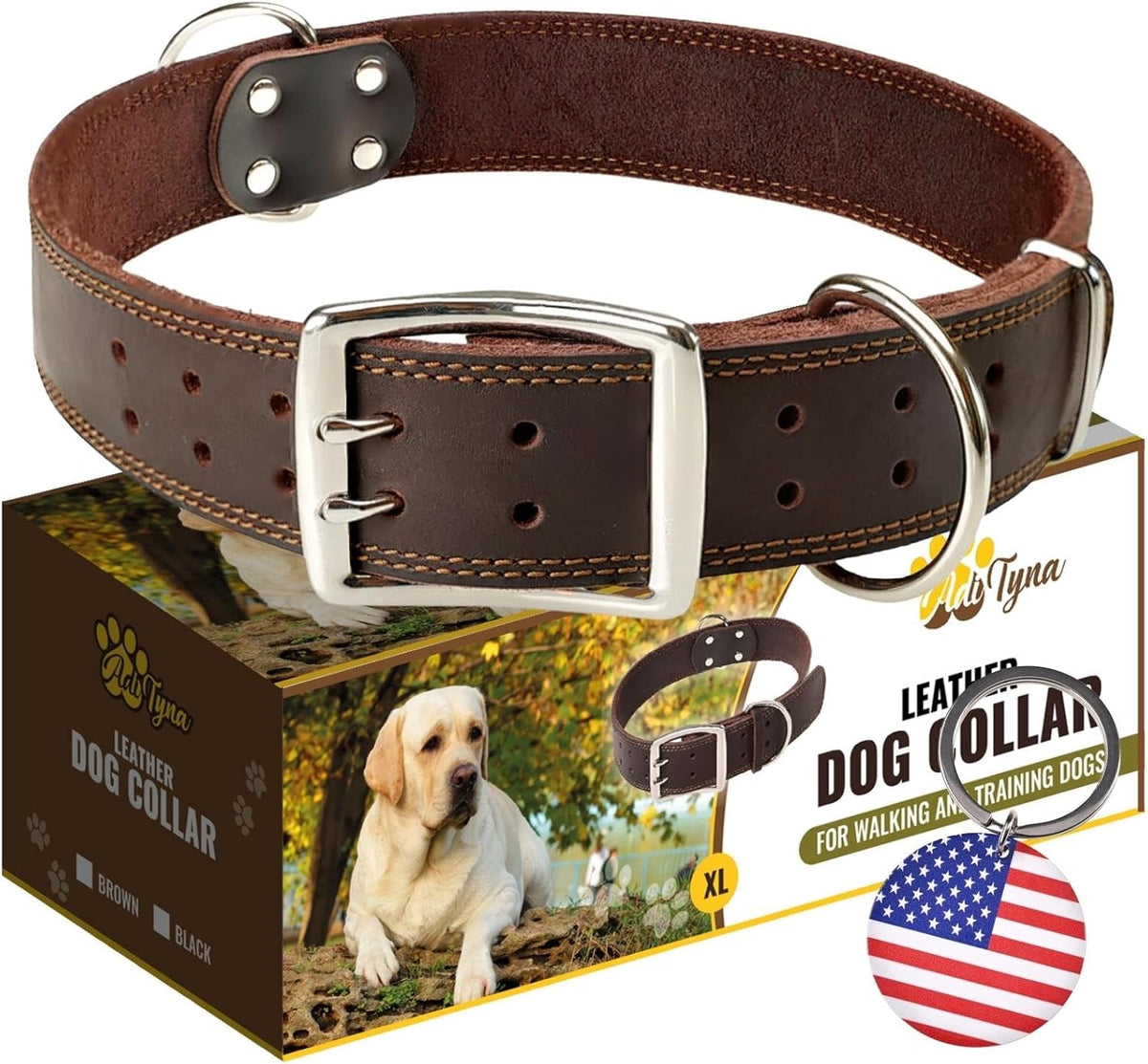 ADITYNA Heavy-Duty Leather Dog Collar for Medium Dogs - Soft and Strong, 100% Genuine Leather - Collier Pour Chien (Medium: Fit 13" - 20" Neck, Brown) - PuriLite