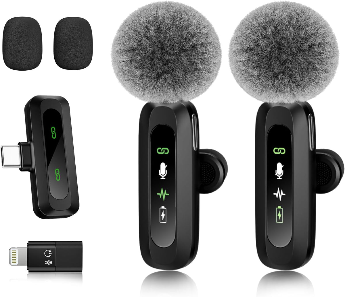 AXUAXU 2025 Upgraded Mini Wireless Lavalier Microphone with LED Display, USB-C Clip-on Mic for iPhone, iPad, Android, PC, Small Lapel Mic for Recording YouTube Video Podcast Vlog - PuriLite