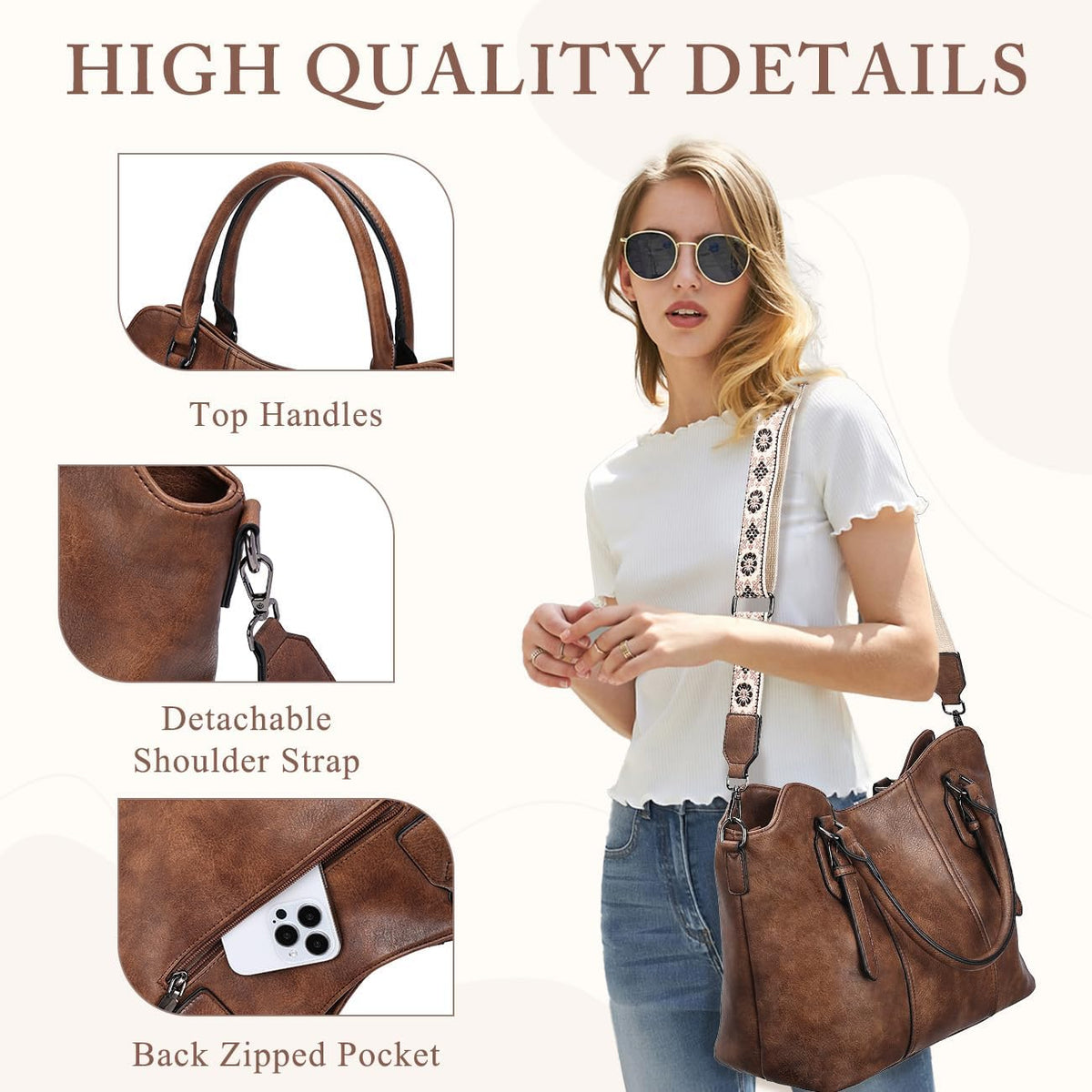 Hobo Bags for Women,VASCHY Vegan Leather Handbag Purse Top Handle Satchel Boho Shoulder Bag with Crossbody Guitar Strap - PuriLite