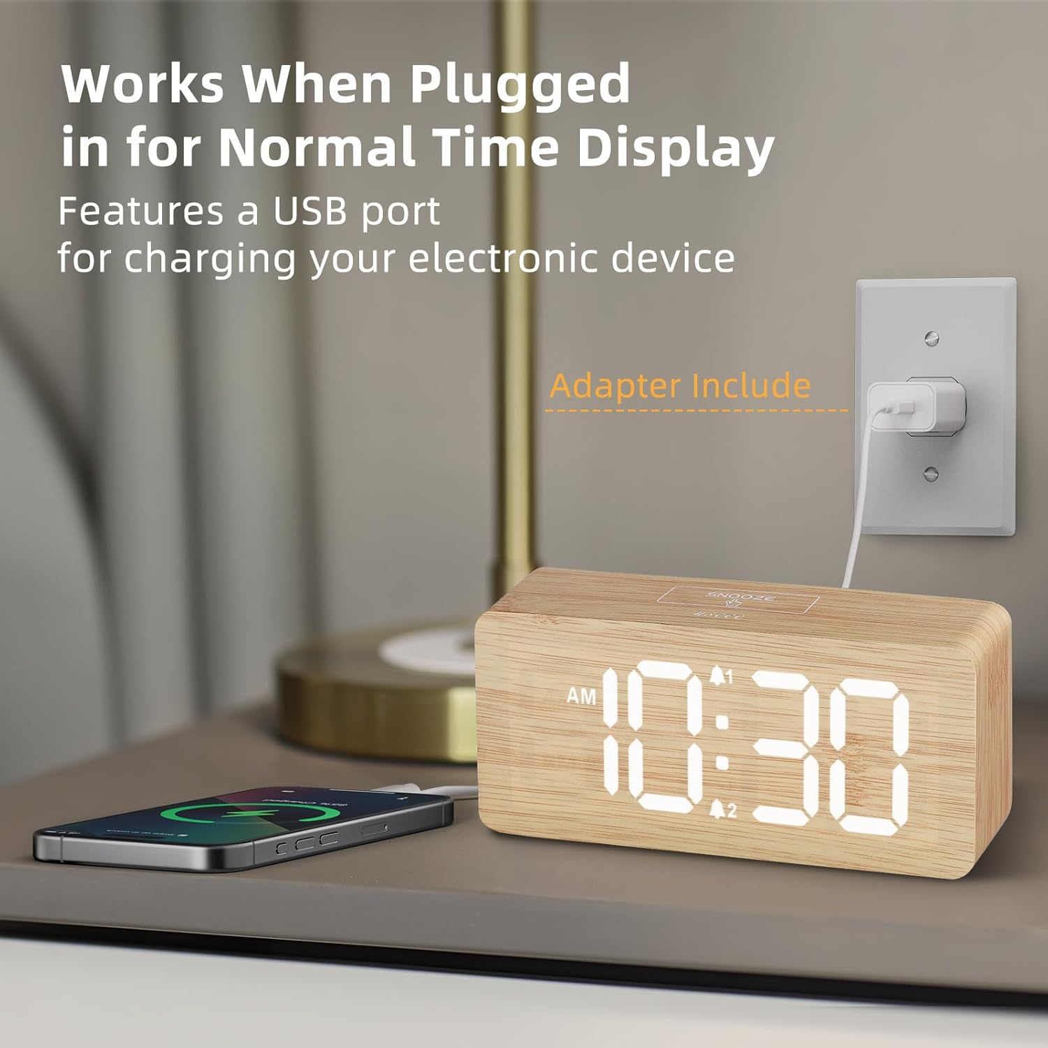 Purilite Select Wooden Digital Alarm Clock with Large LED Display - PuriLite