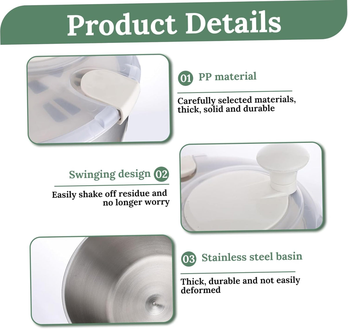 Salad Spinner 5L Dual Layer Stainless Steel & PP Lettuce Spinner with Lid & Rotating Handle Multi-Purpose Quick Dry Fruit and Vegetable Wash for Kitchen - PuriLite