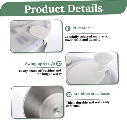 Salad Spinner 5L Dual Layer Stainless Steel & PP Lettuce Spinner with Lid & Rotating Handle Multi-Purpose Quick Dry Fruit and Vegetable Wash for Kitchen - PuriLite
