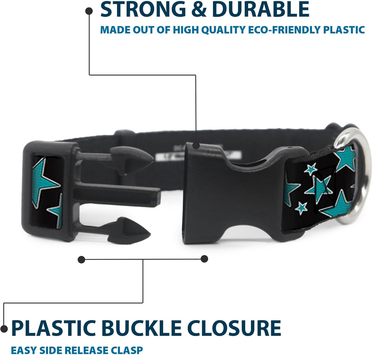 Buckle-Down PC-W21909-M Dog Collar Plastic Clip Buckle, 1"x11"-17", Star Black/White - PuriLite