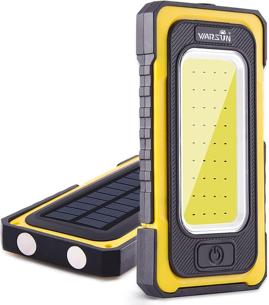 WARSUN Portable Rechargeable Magnetic Work Light, LED Flood Light Waterproof for Outdoor Camping Hiking Emergency Car Repairing (USB + Solar Charging, Yellow) - PuriLite