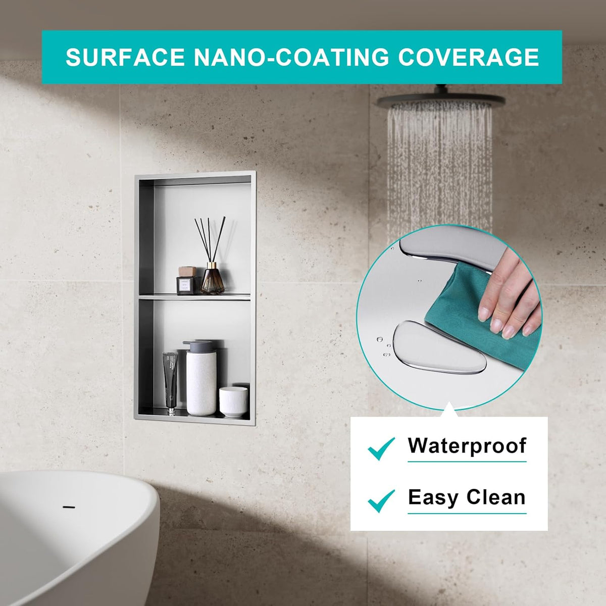MENATT No Tile Shower Niche, Stainless Steel Wall Niche 13"X19"(Inner Size 12"X18"), Two-Tier Bathroom Shelf, NO Tile Needed Recessed Niche Shower for Bathroom Storage, Black - PuriLite