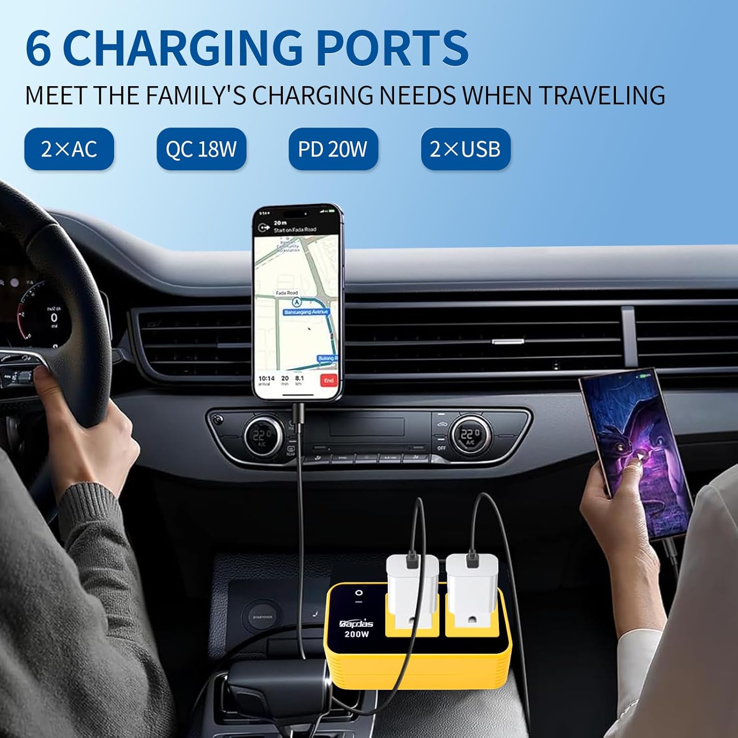 Bapdas 200W Car Power Inverter, DC 12V to 110V Car Charɡer Adapter with 20W USB-C/QC(18W)/4.8A Dual USB/Dual AC Outlet, Car Outlet Adapter Plug for Laptop - PuriLite