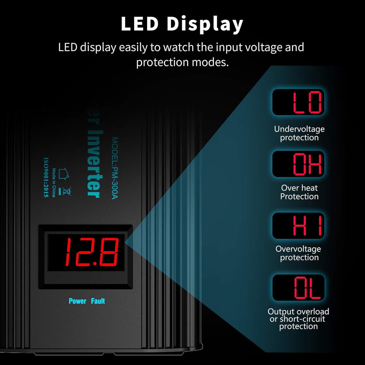 300W Power Inverter DC 12V to AC 120V Car Power Converter Adapter with 2x2.4A USB Ports and LED Display Dual AC Outlets【3YRS Warranty】 Black - PuriLite