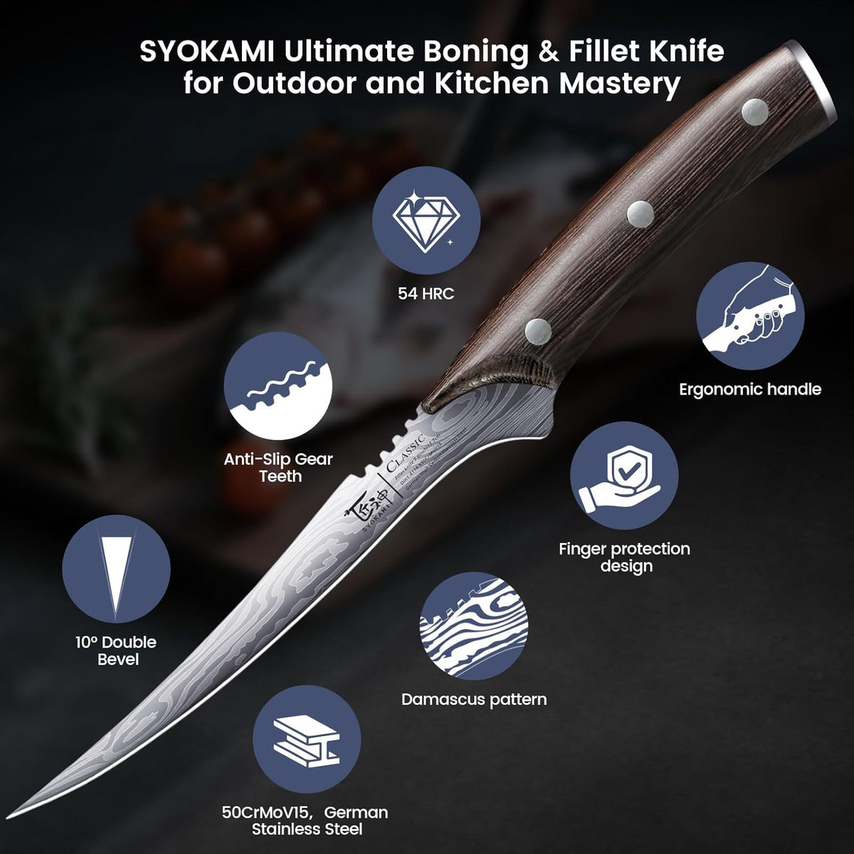 SYOKAMI Fillet Knife, Razor Sharp 7.2 Inch Boning Knife, High Carbon Stainless Steel Filet Knives with High Flexibility, Wooden Handle, Full Tang Damascus Pattern Fish Knives, Ideal for Gifting - PuriLite