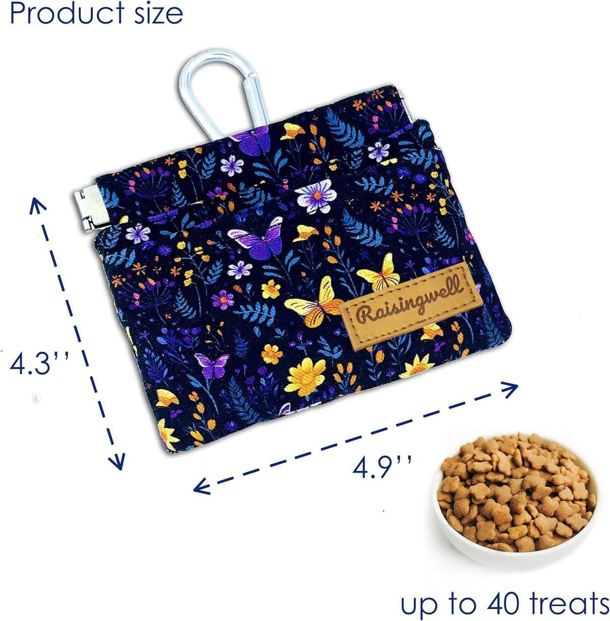 Raisingwell Dog Treat Pouch, Black Pocket Sized Pet Training Pouch, Cotton Fabric, Hand Free Dog Walking Bag with Carabiner, Self-Closing Pet Feed Snack Reward, for Pet Puppy Travel or Outdoor Use - PuriLite
