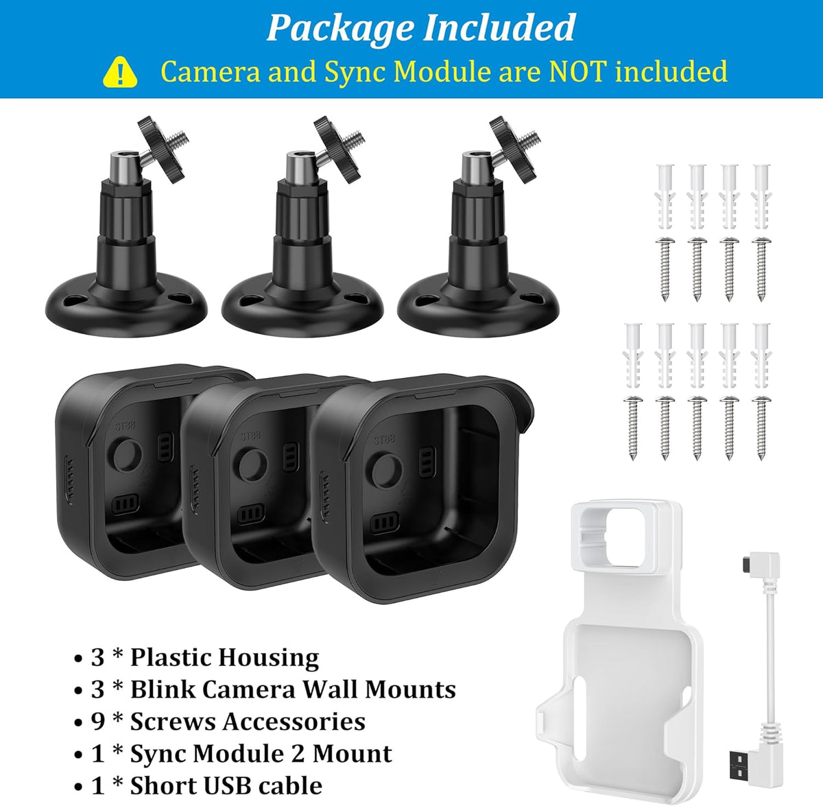 PlusAcc Outdoor Camera Mount for Blink Outdoor 4 (4th Gen) & 3rd Gen Camera, 3 Pack 360° Adjustable Wall Mount Bracket with Sync Module 2 Mount for Blink Camera System (Black, Cameras Not Included) - PuriLite