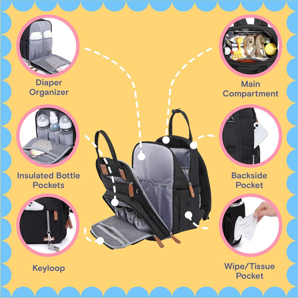 Diaper Bag Backpack, iniuniu Large Baby Bags with Diaper Pouch, Washable Changing Pad, Pacifier Case and Stroller Straps - PuriLite