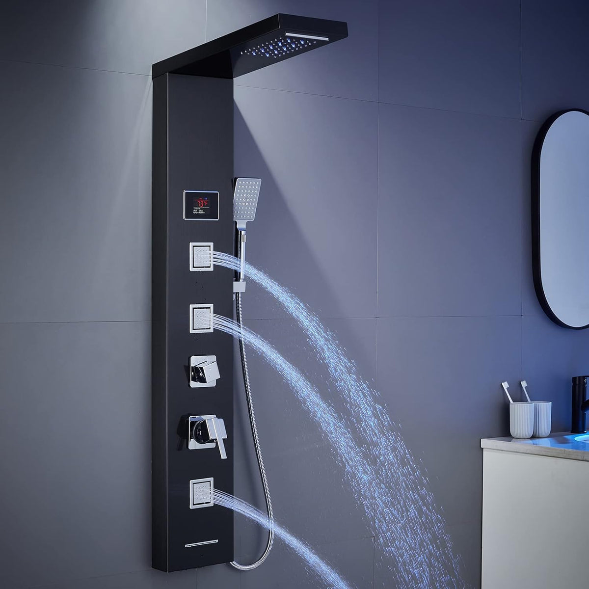LED Shower Panel Tower System Black, MENATT 304 Stainless Steel 5-Function Shower Panel Rainfall Waterfall Shower Rain Massage System with Body Jets - PuriLite