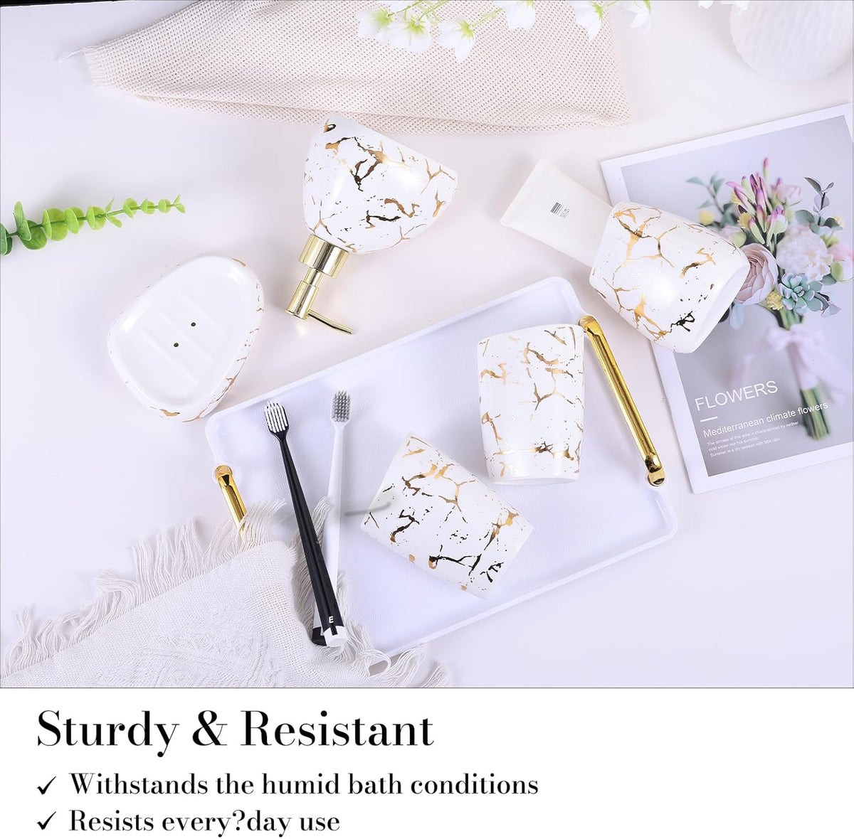 White Bathroom Accessories Set,Modern Countertop Bathroom Decor,Luxury 6 Piece Bathroom Accessory Set,Complete with Soap Dispenser,Toothbrush Holder,Tumbler,Tray - PuriLite