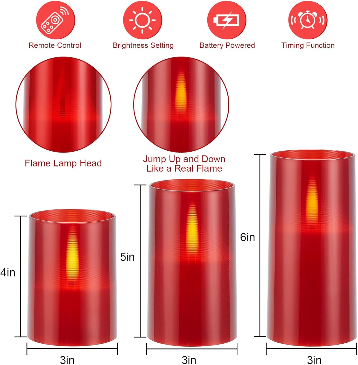 IMAGE Realistic Flickering Flameless LED Candles with Jumping Warm Yellow Flames, Upgraded Set Battery-Operated with Remote Timers, 3 Size Acrylic Candles (D 3" x H 4" 5" 6") (Red) - PuriLite