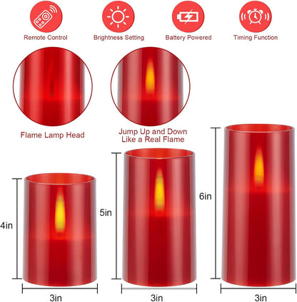 IMAGE Realistic Flickering Flameless LED Candles with Jumping Warm Yellow Flames, Upgraded Set Battery-Operated with Remote Timers, 3 Size Acrylic Candles (D 3" x H 4" 5" 6") (Red) - PuriLite