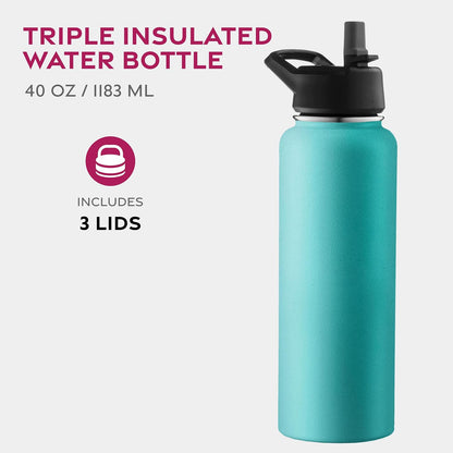 FineDine Water Bottle - Stainless Steel Insulated Water Bottle with Straw Lid, Flip Lid & Wide-Mouth Cap - Keeps Hot and Cold - 25 Oz / 739ml - Pure Pearly White - PuriLite