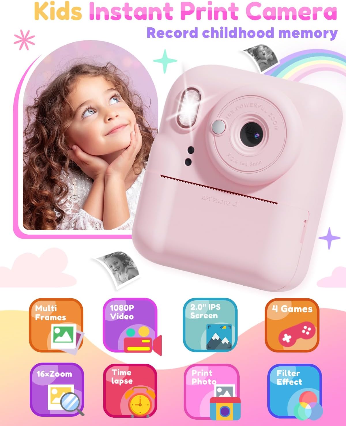 Pussan Kids Camera Instant Print, 1080P Instant Print Camera Toys for 3-12 Year Old Girls, Christmas Birthday Gifts for Age 3 4 5 6 7 Girls, Kids Digital Camera Toys with 3 Rolls Print Paper-Pink - PuriLite