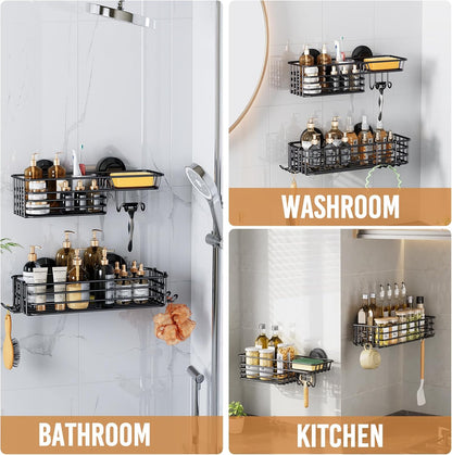 LEVERLOC Shower Caddy Suction Cup, 2 Pack Black Shower Shelf with Hooks and Soap Holder, NO-Drilling Bathroom Organizer, Rustproof Metal Bathroom Storage and Organization - PuriLite