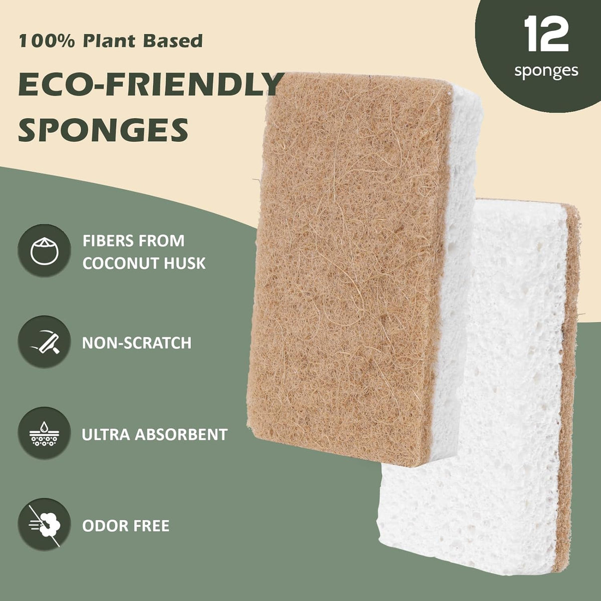 Isshah Plant-Based Kitchen Sponges - FSC Certified and PETA Approved, Natural, Eco-Friendly, Biodegradable Sisal Hemp Sponges for Dishes, Cleaning Sponge for Kitchen, Bathroom, Household - 12 Count - PuriLite