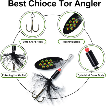 TRUSCEND Fishing Spinners with Unique Double Spoons, Nano-Plated Rooster Tail Fishing Lures with Copper Body & Blade, Great Action Blade Bait for Bass Trout Walleye, Freshwater Ice Fishing Jigs - PuriLite